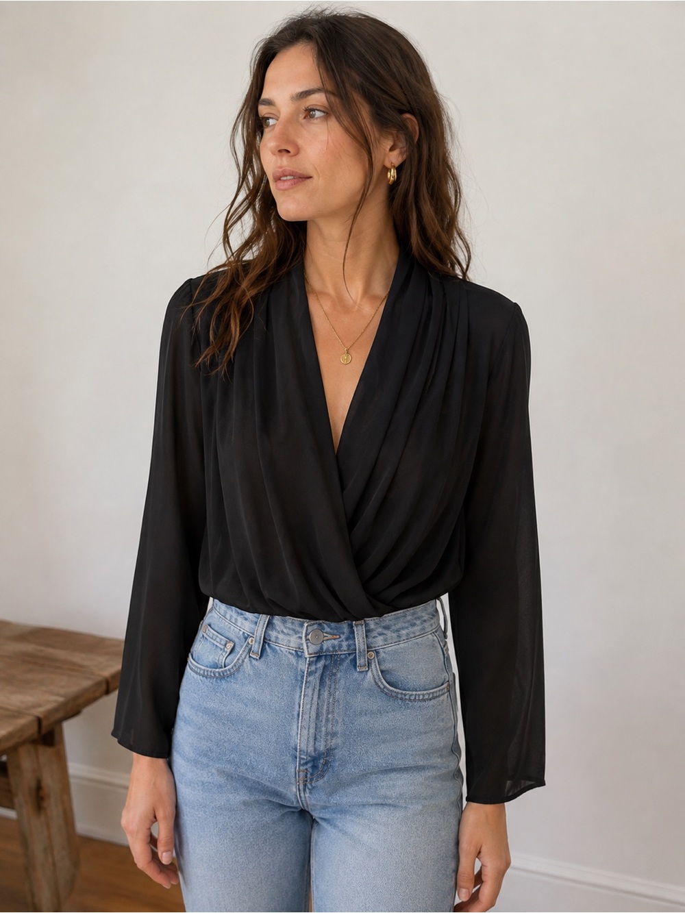 Babaton Black Draped V-Neck Long Sleeve BODYSUIT Size M